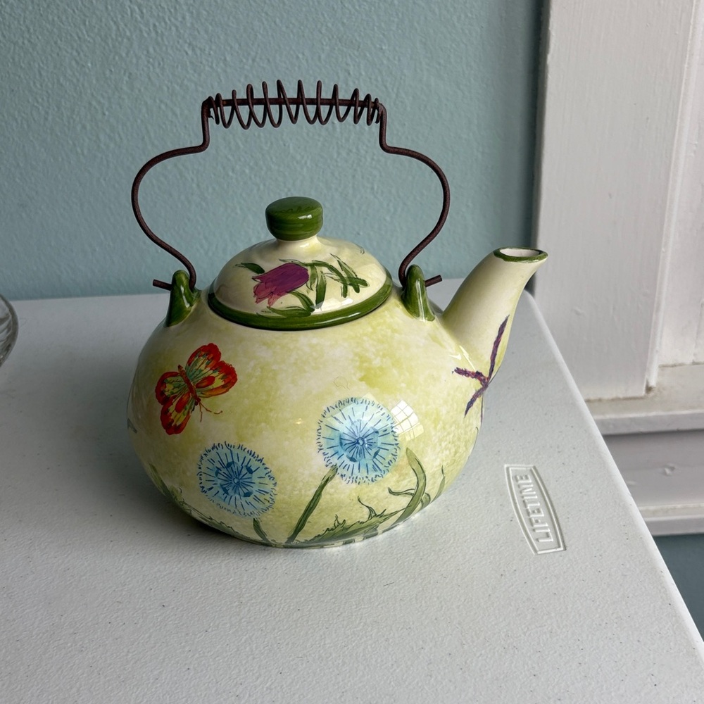 Vintage Ceramic Butterfly Teapot with Removable Metal Handle